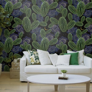 Dunkle Tapete mit Kaktusmuster, Wandbild, selbstklebend, Peel & Stick oder Vinyl, abnehmbare Tapete