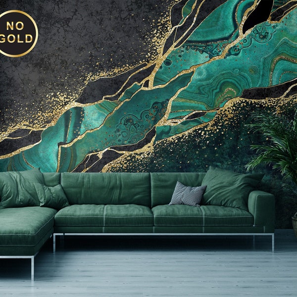 Dark teal green and gold matte marble wallpaper [without shiny effects] | Self Adhesive, Peel & Stick, Removable wallpaper