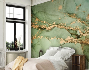 Green and gold matte marble pattern wallpaper | Self Adhesive, Peel & Stick, Removable wallpaper