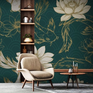 Teal green wallpaper with gold and white koi fish and flower | Self Adhesive, Peel & Stick, Removable wallpaper