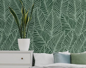 Abstract green wallpaper with leaves, wall mural [Peel and Stick (Self Adhesive) or Traditional Vinyl Wallpaper]