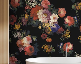Black and red floral wallpaper, botanical mural | Self Adhesive, Peel & Stick, Removable wallpaper