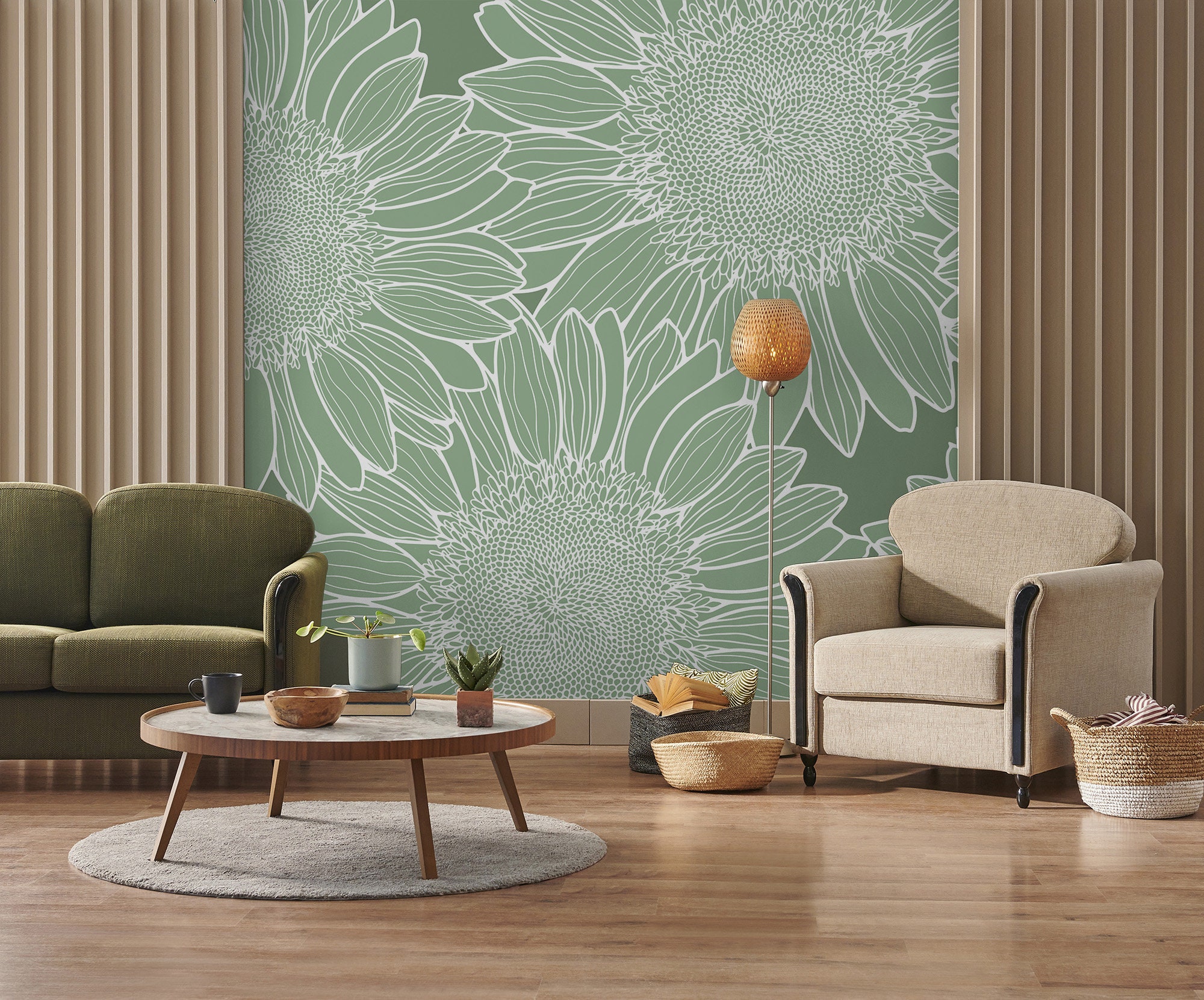 Green Sunflower Abstract Wallpaper, Floral Wall Mural, Self Adhesive ...