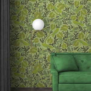 Carta da parati botanica verde, carta da parati con foglie, murale [Stacca e incolla (autoadesivo) o carta da parati in vinile tradizionale]