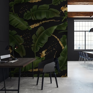 Tropical pattern, green banana leaves and golden splashes, exotic pattern wallpaper | Self Adhesive, Peel & Stick, Removable wallpaper