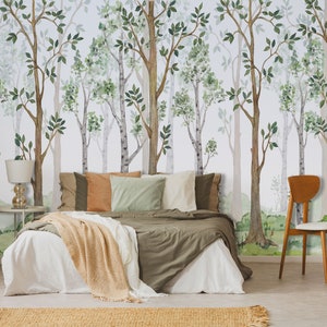 Watercolor painted forest, tall trees, birch tree mural | Self Adhesive, Peel & Stick, Removable wallpaper