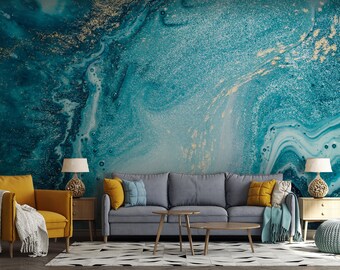 Blue Marble wallpaper, Blue Stone mural | Self Adhesive, Peel & Stick, Removable wallpaper