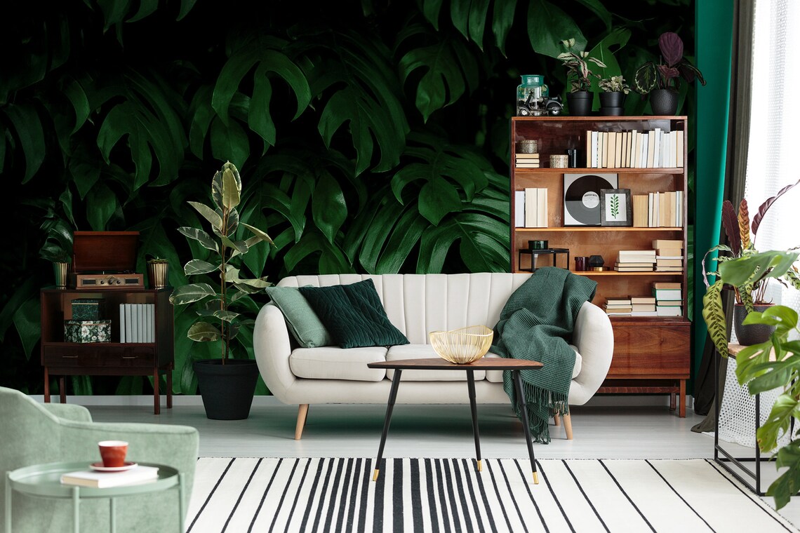 Dark Wallpaper With Fresh Monstera Leaves Self Adhesive - Etsy