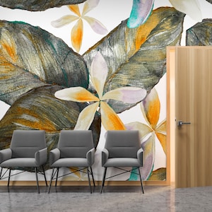 Watercolor tropical big leaves and white hawaiian flowers wallpaper | Self Adhesive, Peel & Stick, Removable wallpaper