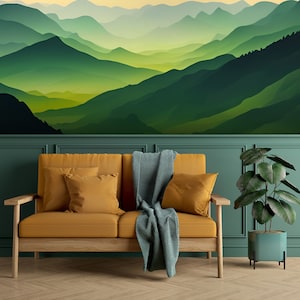 Green abstract landscape wallpaper, abstract wall mural, botanical wallpaper, Self Adhesive, Peel & Stick, Removable wallpaper