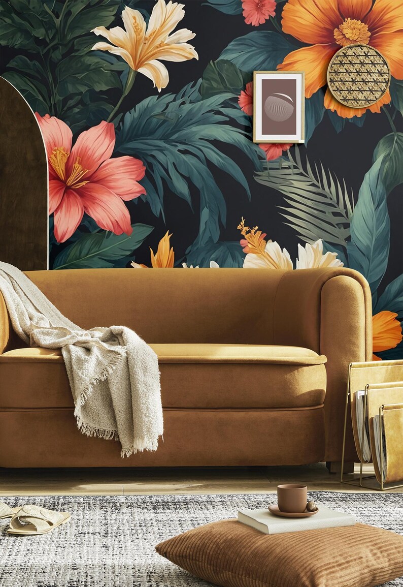 Buy Tropical Flowers Dark Wallpaper, Vintage Botanical Wall Mural, Home