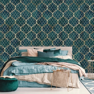 Carta da parati con motivo art deco astratto verde acqua | Autoadesiva, stacca e incolla, carta da parati rimovibile, decorazione da parete verde