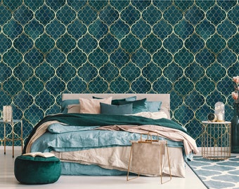 Teal green abstract art deco pattern wallpaper | Self Adhesive, Peel & Stick, Removable wallpaper, Green Wall Decor