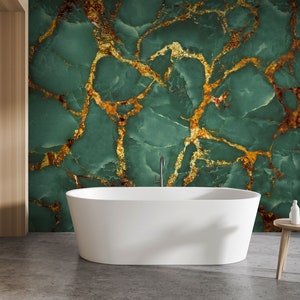 Marble wallpaper with golden veins, natural luxury style, marble wall, dark green mural | Self Adhesive, Peel & Stick, Removable wallpaper