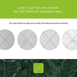 May include: A graphic showing four different wall textures. The graphic is labeled "DON'T USE THE WALLPAPER ON TEXTURED OR DAMAGED WALL." The text below the graphic reads "The wall should be clean and smooth, the texture should be removed."