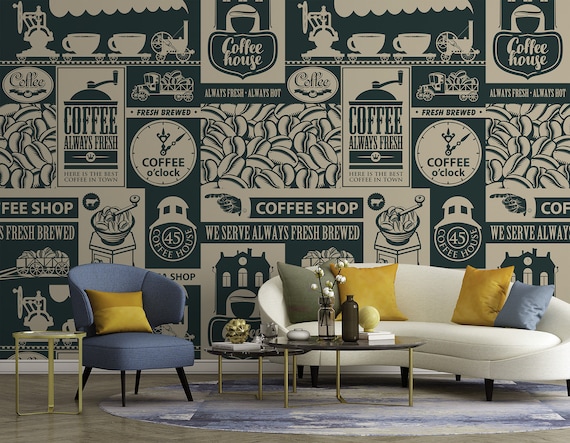 Wallpaper With Coffee Retro Style Self Adhesive Peel & - Etsy
