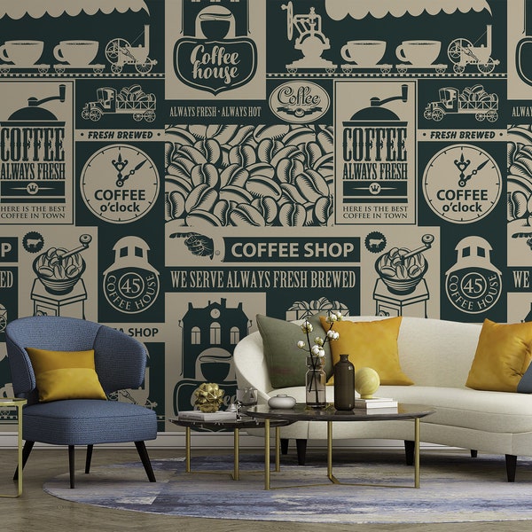 Wallpaper with coffee, retro style, Self Adhesive, Peel & Stick, Removable wallpaper