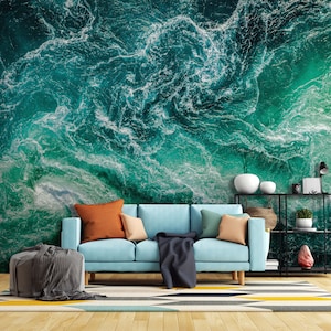 Papier peint vagues d'eau, motif de rivière, marée et marée basse, tons bleu sarcelle | Autocollant, Peel & Stick, Papier peint amovible
