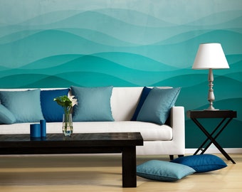 Papel pintado turquesa, color océano, olas del mar | Autoadhesivo, fácil de pegar, removible