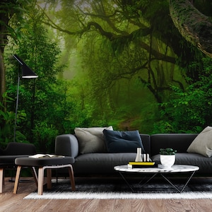 Green fantasy jungle wallpaper, mystic forest mural | Self Adhesive, Peel & Stick, Removable wallpaper