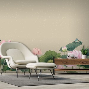 Ljusrosa lotusblommor och trollsländor på beige bakgrundstapet, blommig tapet | Självhäftande, Dra & Stick, Avtagbar tapet bild 3