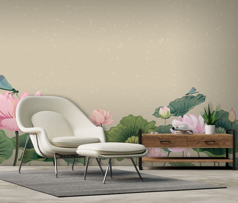 Ljusrosa lotusblommor och trollsländor på beige bakgrundstapet, blommig tapet | Självhäftande, Dra & Stick, Avtagbar tapet bild 3