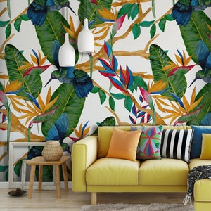 Motivo ad acquerello, colibrì, piante tropicali, brillante stampa estiva, carta da parati tropicale | Carta da parati autoadesiva, stacca e incolla, rimovibile