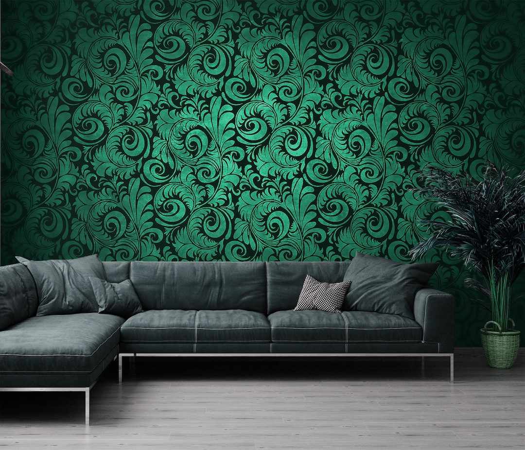 Modern Green Wallpaper With Ornaments, Wall Mural, Self Adhesive, Peel