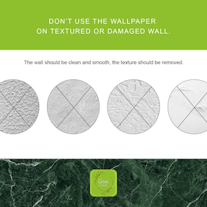 Peut inclure: Un graphique montrant quatre surfaces murales diff&eacute;rentes. Le graphique est intitul&eacute; "NE PAS UTILISER LE PAPIER PEINT SUR UN MUR TEXTUR&Eacute; OU ENDOMMAG&Eacute;." Le texte sous le graphique indique "Le mur doit &ecirc;tre propre et lisse, la texture doit &ecirc;tre supprim&eacute;e."