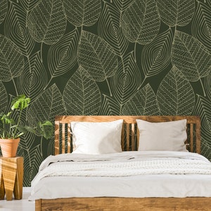 Beige leaves on dark green background Self Adhesive, Peel & Stick, Removable wallpaper
