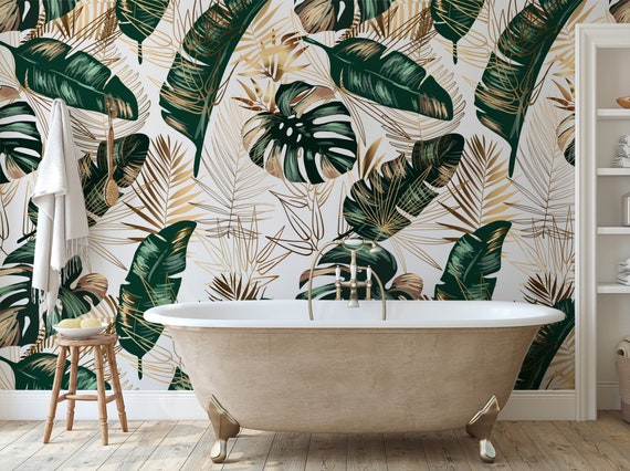 Green and Gold Matte Tropical Leaves Wallpaper Banana and - Etsy Green and Gold Matte Tropical Leaves Wallpaper Banana and - Etsy