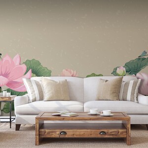 Ljusrosa lotusblommor och trollsländor på beige bakgrundstapet, blommig tapet | Självhäftande, Dra & Stick, Avtagbar tapet bild 2