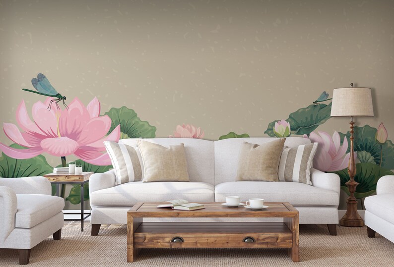 Ljusrosa lotusblommor och trollsländor på beige bakgrundstapet, blommig tapet | Självhäftande, Dra & Stick, Avtagbar tapet bild 2