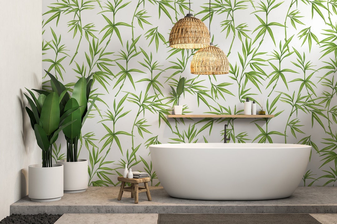 Green Bamboo Leaves Wall Mural Tropical Leaf Print Nature Etsy