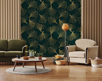 Floral wallpaper, gold, green leaves, luxury, Wall Mural, Self Adhesive, Peel & Stick, Removable wallpaper