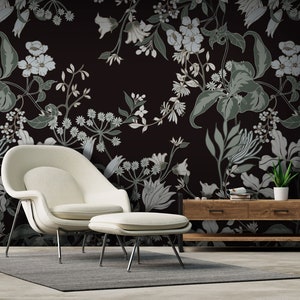 Dark wallpaper with green leaves and white flowers | Self Adhesive, Peel & Stick, Removable wallpaper