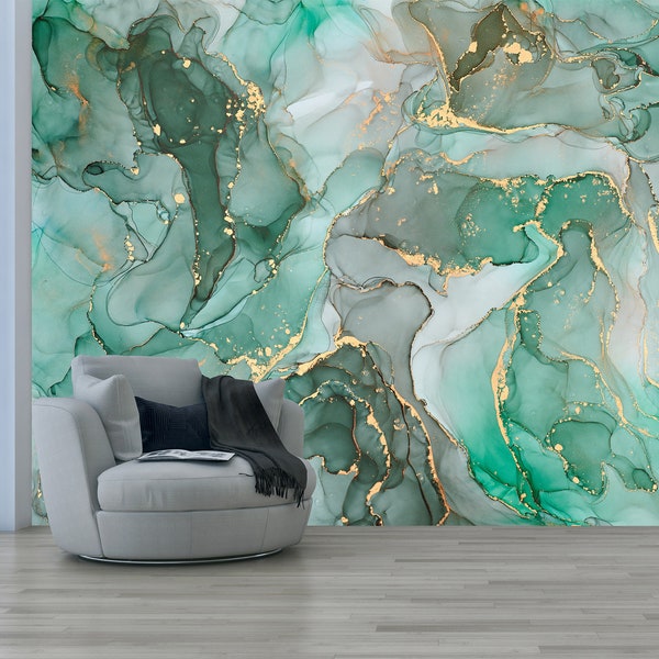Luxuriöse abstrakte Tapete, türkisfarbener Marmor mit Gold, Wandbild, selbstklebend, abziehen und aufkleben, abnehmbare Tapete