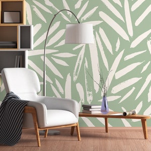 Grüne Boho-Blatt-Druck-Tapete, botanisches Wandbild, abstrakte Blätter [Abziehen und Aufkleben (selbstklebend) oder traditionelle Vinyl-Tapete]