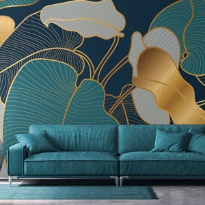Dark teal, blue and yellow matte line art leaves pattern wallpaper | Self Adhesive, Peel & Stick, Removable wallpaper