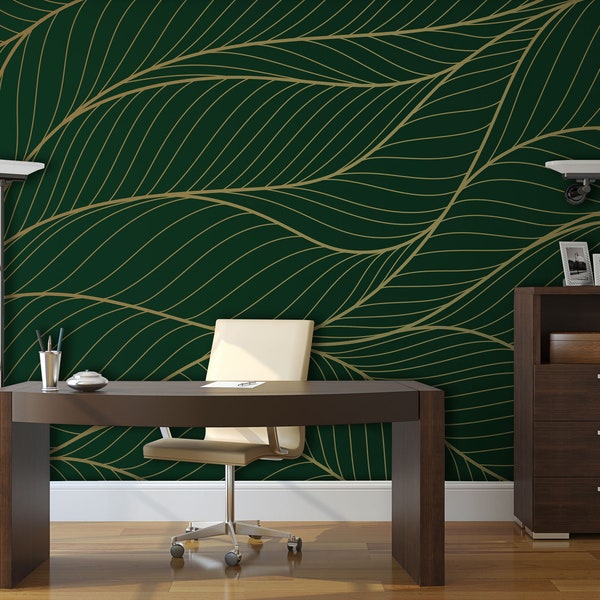 Vector green and yellow matte big leaf wallpaper, line art leaves motive | Self Adhesive, Peel & Stick, Removable wallpaper