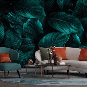 Folhas de Cannifolium spathiphyllum, papel de parede verde escuro, padrão natural, folhas tropicais | Papel de parede autoadesivo, removível e removível
