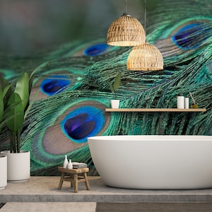 Peacock feather wall mural, modern line art wallpaper, Self Adhesive, Peel & Stick, Removable wallpaper