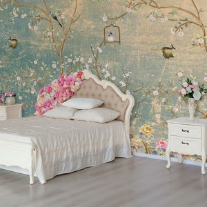 Vintage-Vogel-Chinoserie-Wandbild, Naturmuster, botanisches Dekor | Selbstklebende, abziehbare Tapete