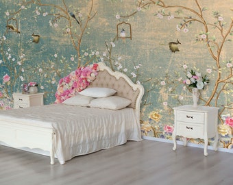Vintage bird chinoserie mural, nature pattern, botanical decor | Self Adhesive, Peel & Stick, Removable wallpaper