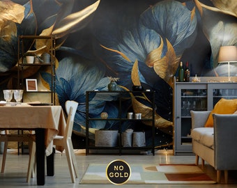 May include: A living room interior with a large floral mural featuring blue and gold flowers. The mural is on the wall behind a dining table with two chairs and a couch with pillows. There is a lamp on a table next to the couch.
