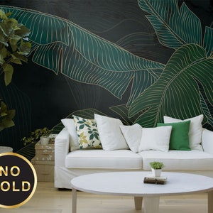 Decorazione murale con foglie di banana verde scuro, carta da parati con foglie tropicali [decorazione da parete, stacca e incolla (autoadesiva) o carta da parati antiaderente]