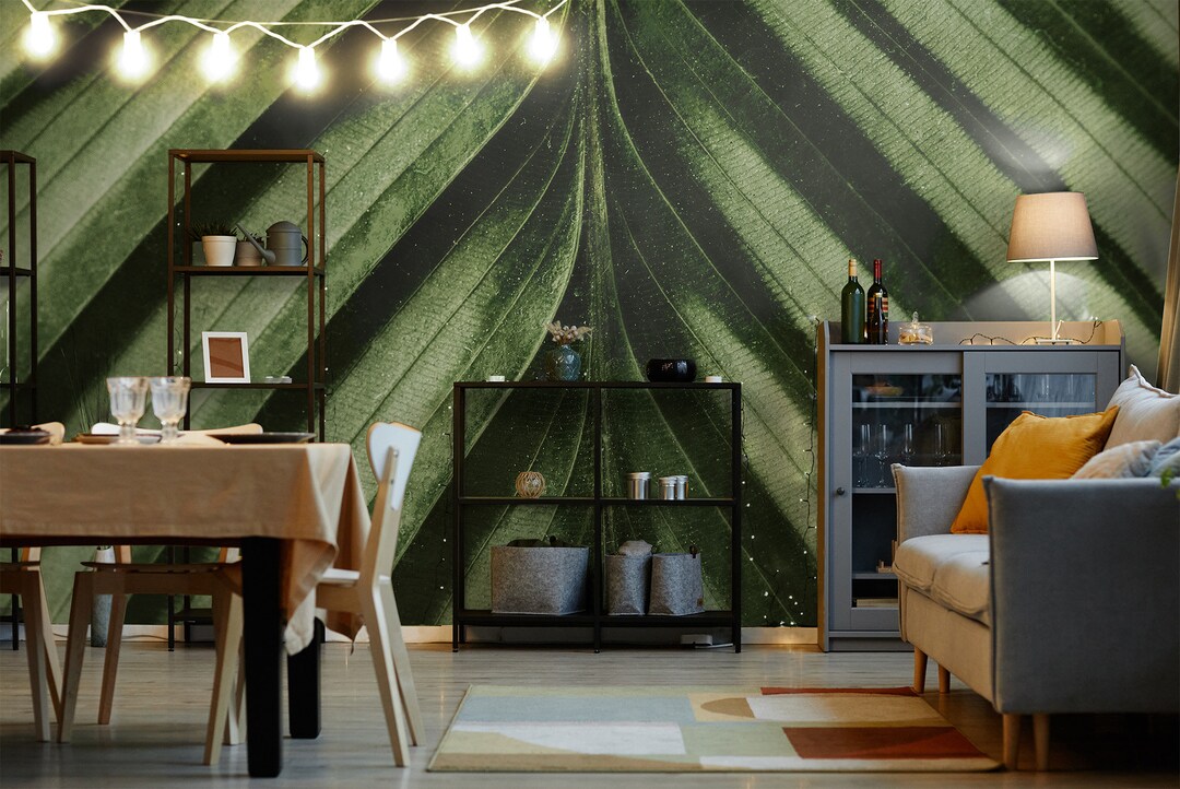 Palm Leaf up Close Dark Green Wall Mural, Tropical Wallpaper, Self ...