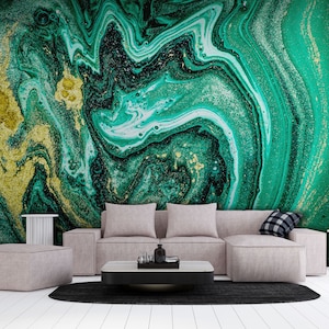 Green and gold matte marble stone mural, acrylic paint swirls pattern | Self Adhesive, Peel & Stick, Removable wallpaper