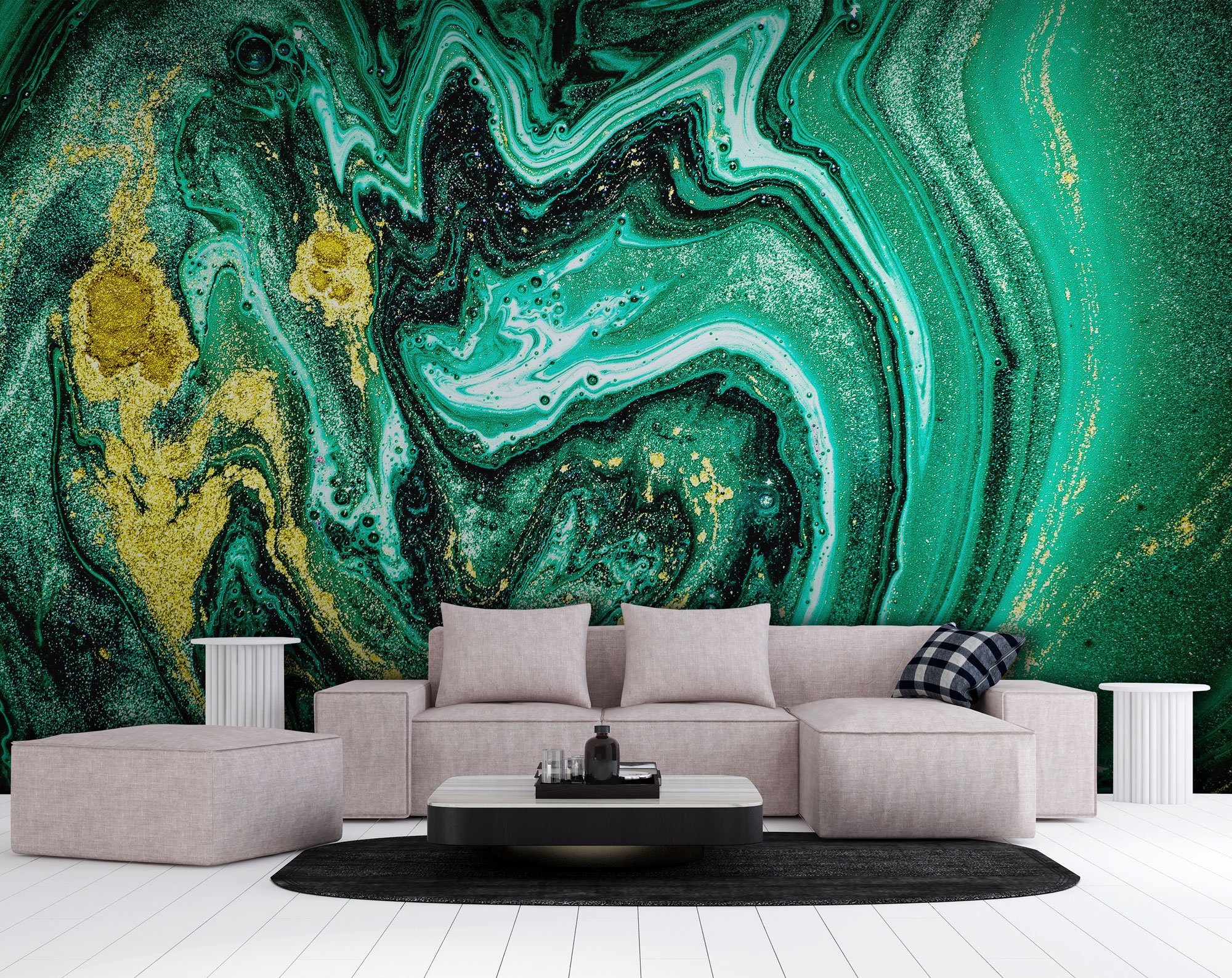 Green Gold Swirling Veins Marble Wallpaper Wall Mural Home Decor