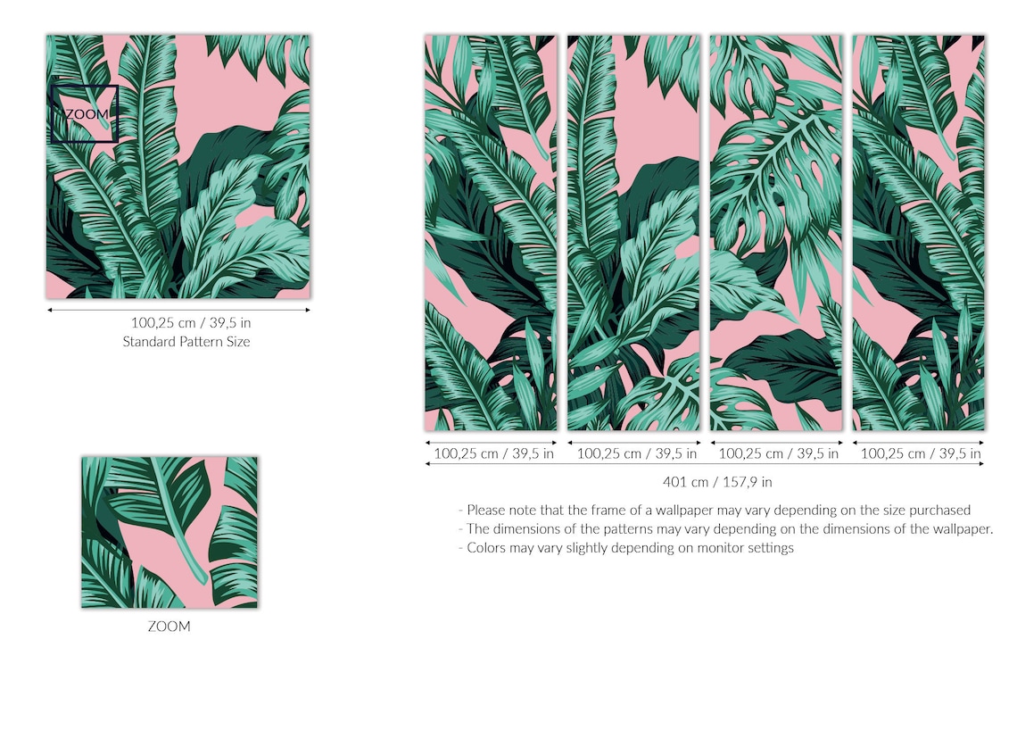 Pink and Green Botanical Wallpaper With Exotic Leaves Self Etsy